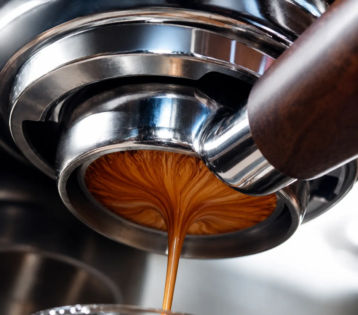 A double shot of espresso pouring from the machine
